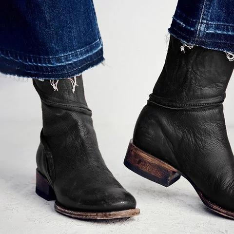 Women Distressed Ankle Boots Pointed Western Style Faux Leather Boots
