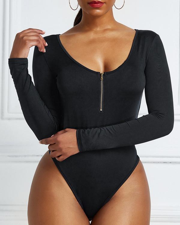 Plus Size Sexy Zip V Neck Romper Long Sleeve Bodysuit