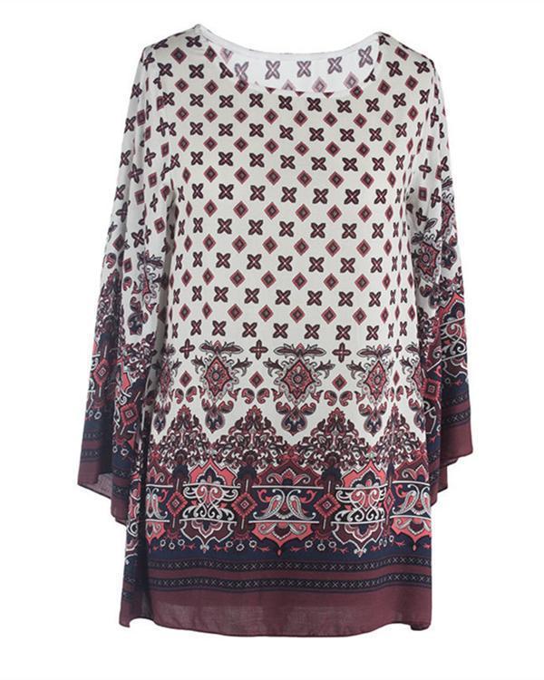 Plus Size Bohemian Ethnic O-Neck Long Sleeve Mini Dresses For Women