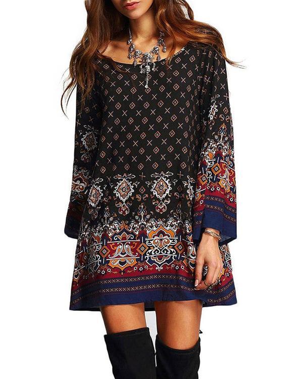 Plus Size Bohemian Ethnic O-Neck Long Sleeve Mini Dresses For Women