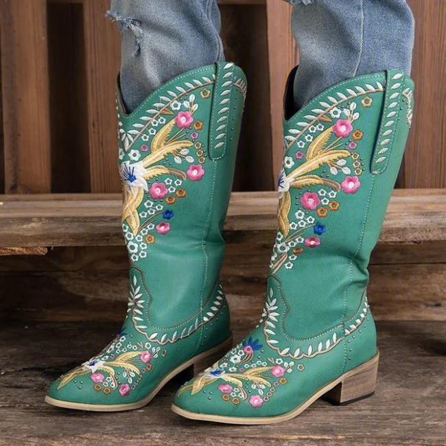 Green Block Heel Embroidery Fall Boots