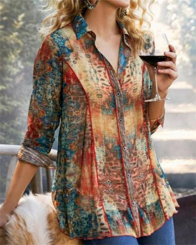 Gradient Print Buttons Down Vintage Long Sleeves Blouse