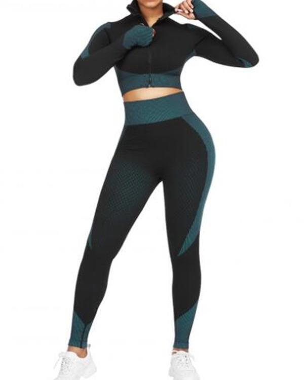 Incredibly Thumbhole Zipper Contrast Color Yoga Suit For Training