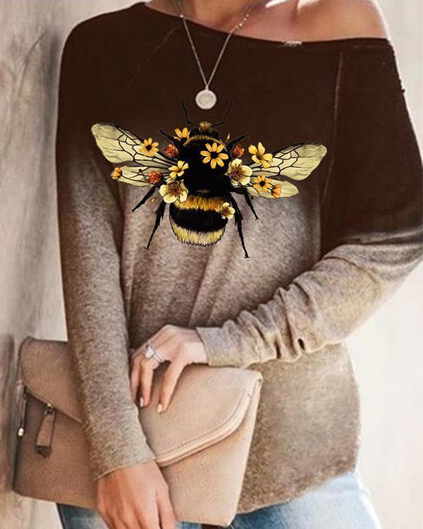 Autumn Ombre Bee Print Long Sleeve Loose T-Shirt