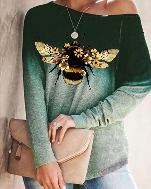 Autumn Ombre Bee Print Long Sleeve Loose T-Shirt