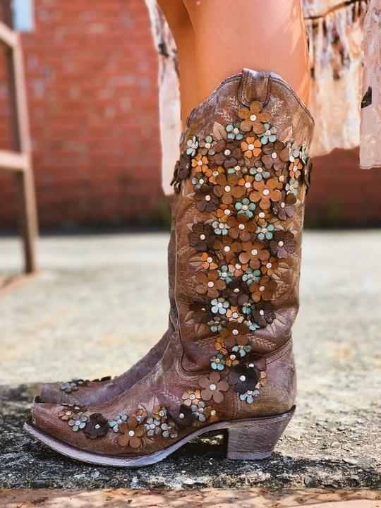 Vintage Crystals Flower Cowgirl Boots