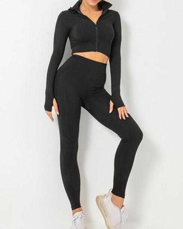 Incredibly Thumbhole Zipper Contrast Color Yoga Suit For Training