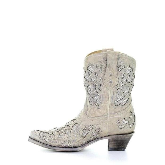 White Glitter Inlay & Crystals Ankle Cowgirl Boots