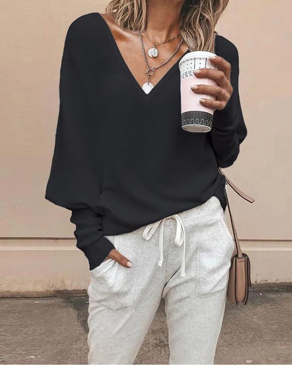 Women Casual V Neck Solid Color Blouses Sweaters