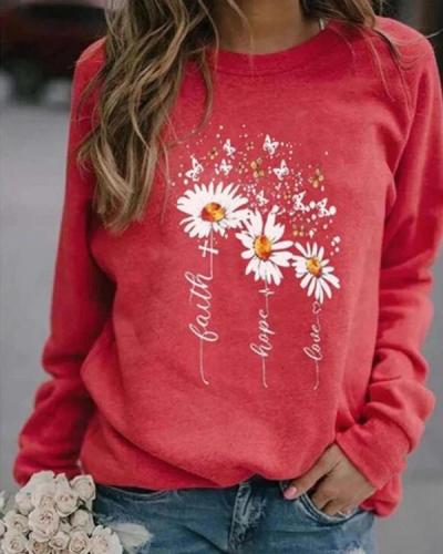Women Floral Print Casual Round Neckline Sweatshirts