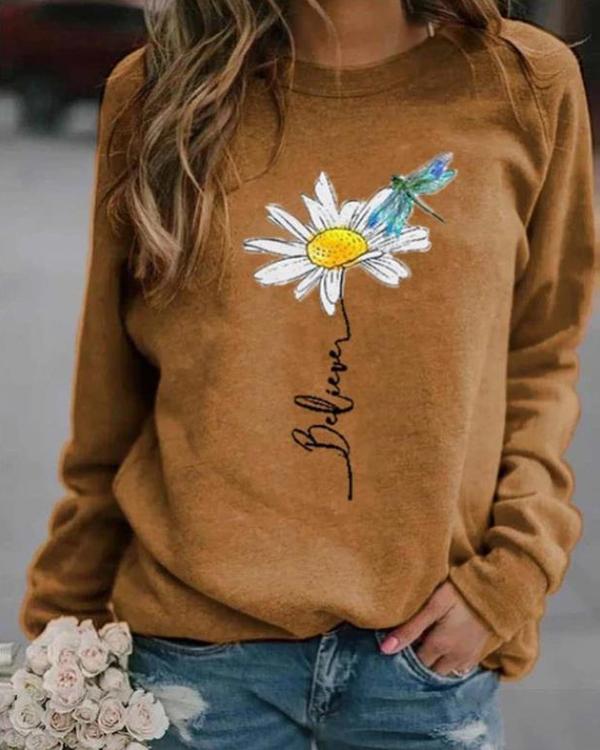 Floral Casual Round Neckline Sweatshirts Tops