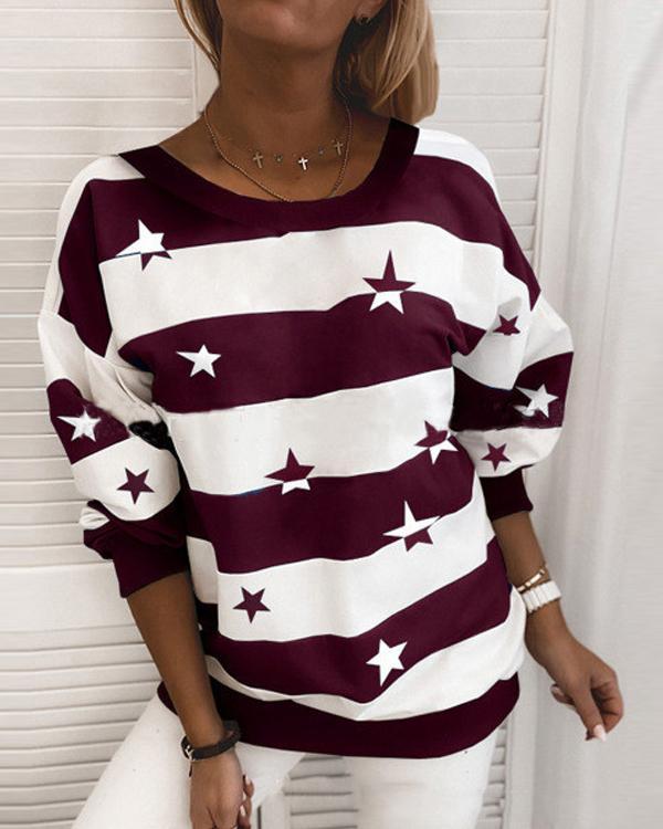 Stripe Star Print Casual Round Neck Daily Sweatshirt