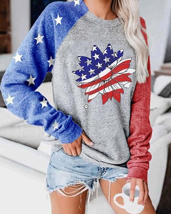 America Flag Printed Casual Round Neck Sweatshirt