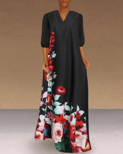 Fashion Women Casual Plus Size V-Neck Flower Print Half Sleeve Loose Maxi Dress