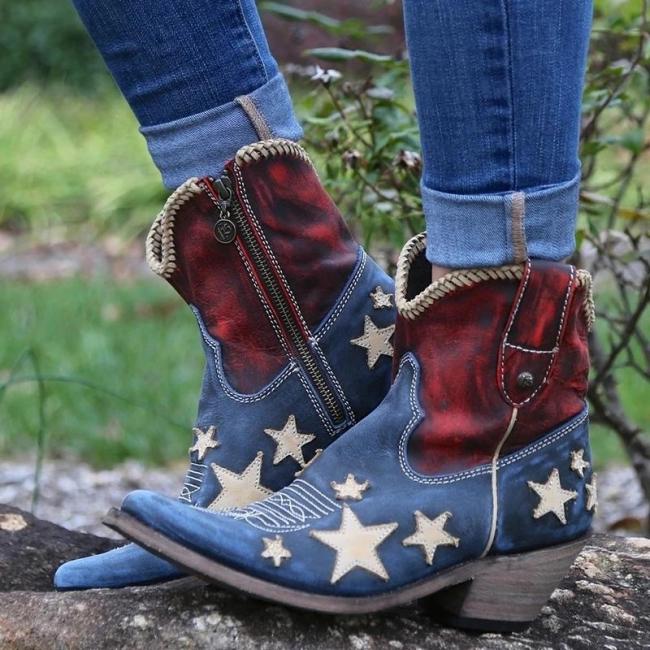 Women Vintage Pointed Toe Star Colouring Short Boots