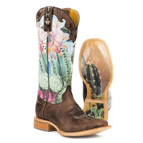 Women Flower Printed Long Calf Chunky Heel Boots