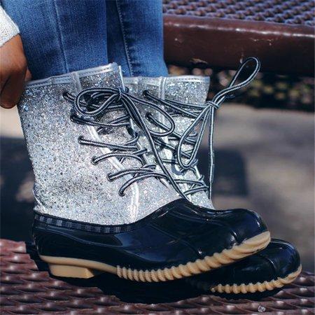 Fashion Paillette Splicing Lace-Up Ankle Boots