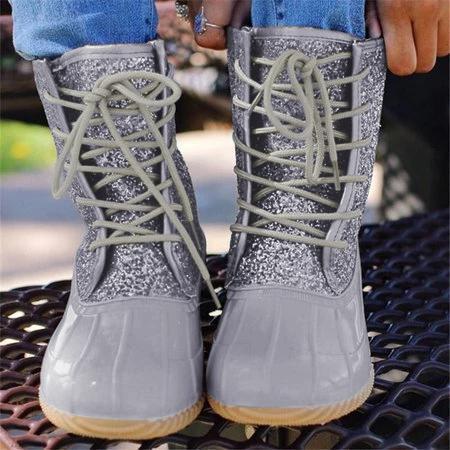 Fashion Paillette Splicing Lace-Up Ankle Boots