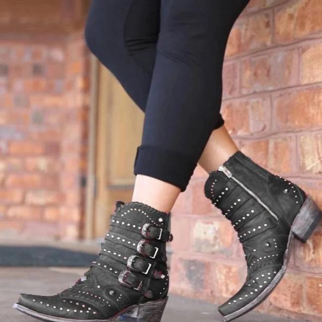 Fashion Women Rivet Buckle Plain Boots