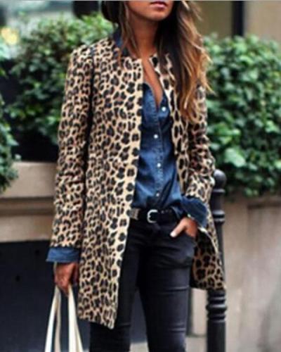 Women Leopard Sexy Winter Warm New Wind Coat Cardigan Leopard Print Fashion Casual Long Coat