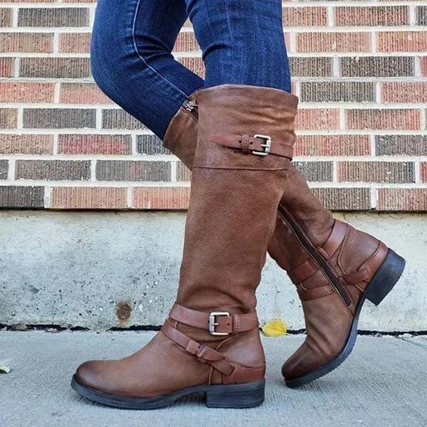 Women Plus Size Riding Boots Zipper Low Heel Faux Leather Boots