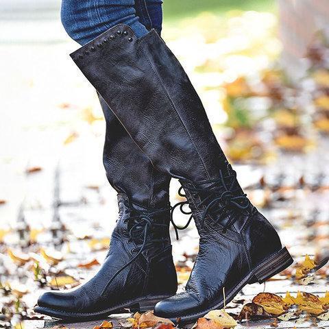 Women Back Zipper Vintage Boots Lace-Up Holiday Knee-High Boots