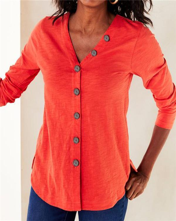 V-neck Button Solid Casual T-shirt