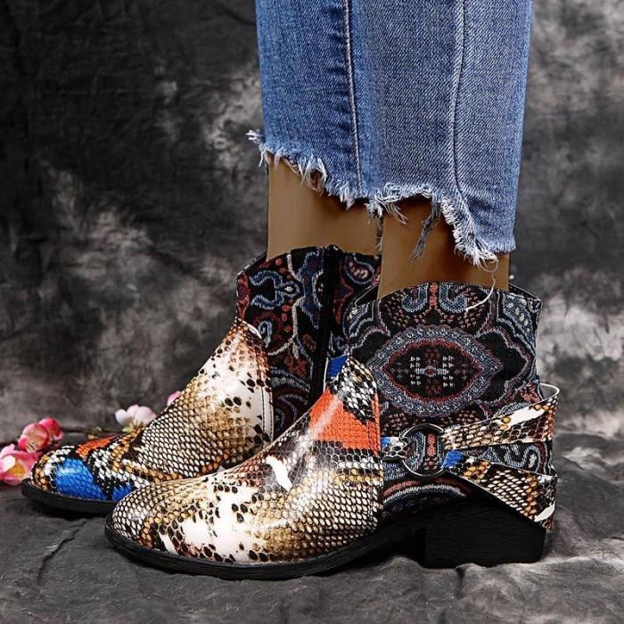Women Chic Snakeskin Characteristic Pattern Mixed Colors Zipper Chunky Heel Boots