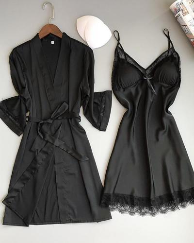 Satin Lace Trim 2PCS Sleepwear Sets Lingerie
