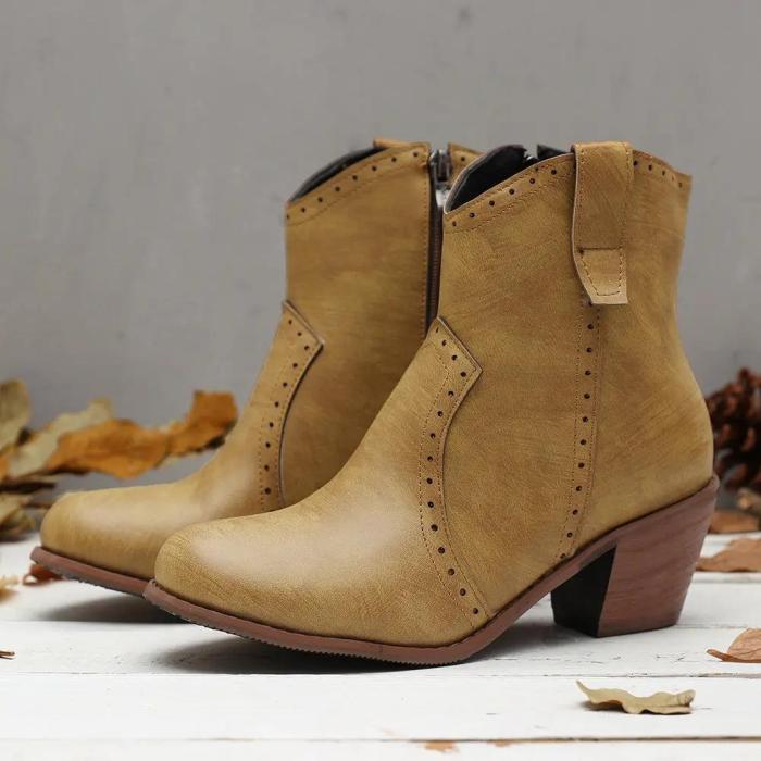 Women Casual Retro Pointed Toe Zipper Chunky Heel Ankle Boots