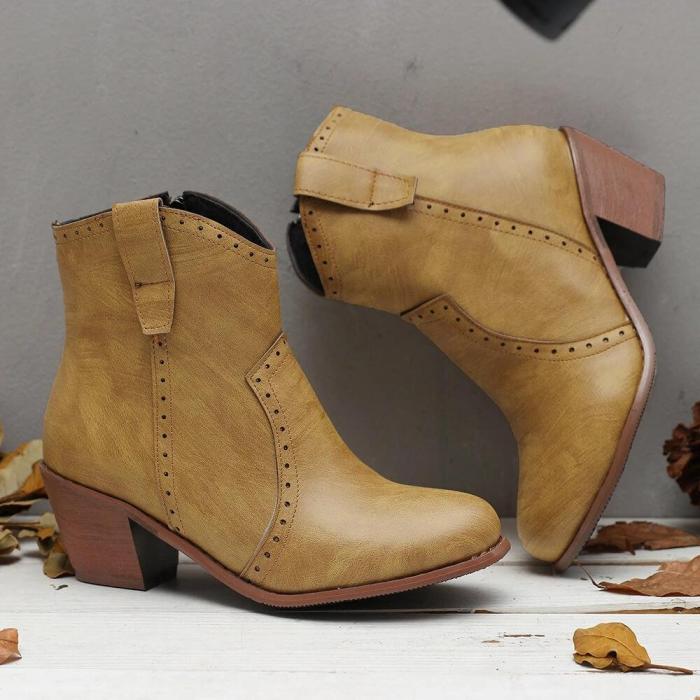 Women Casual Retro Pointed Toe Zipper Chunky Heel Ankle Boots
