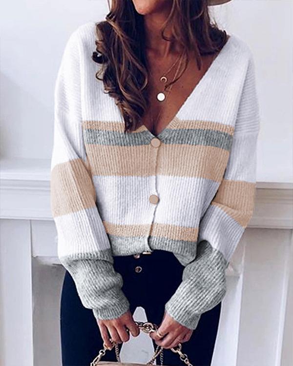 Striped V-neck Knit Sweater Cardigan