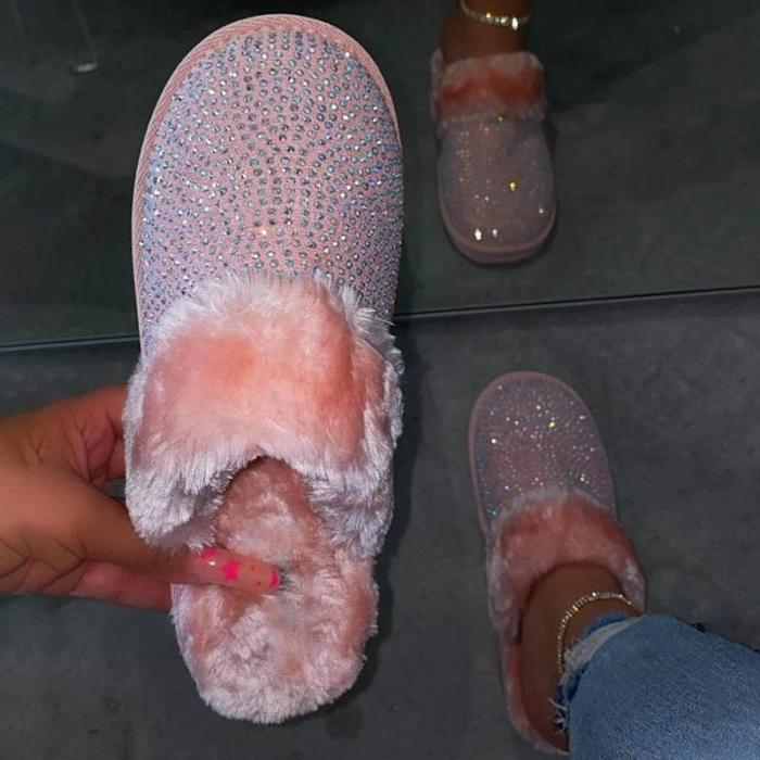 Women Cozy Fur Bling Rhinestones Slip On Indoor shoes Slippers