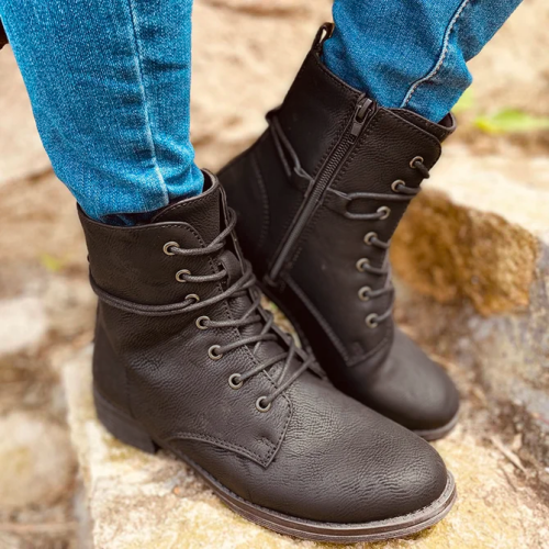 Block Heel Imitation Leather Lacing Ankle Boot