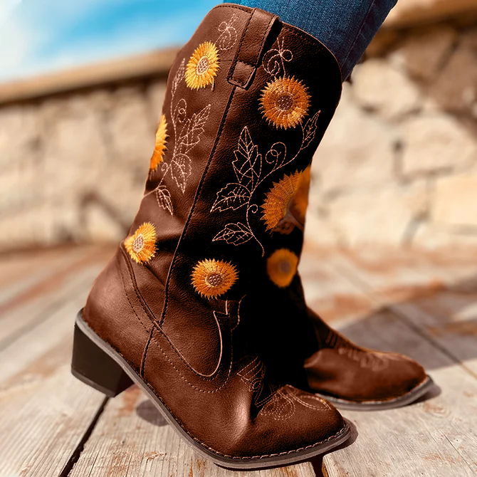Sun Flower Embroidery Leatherette Low Ankle Boot