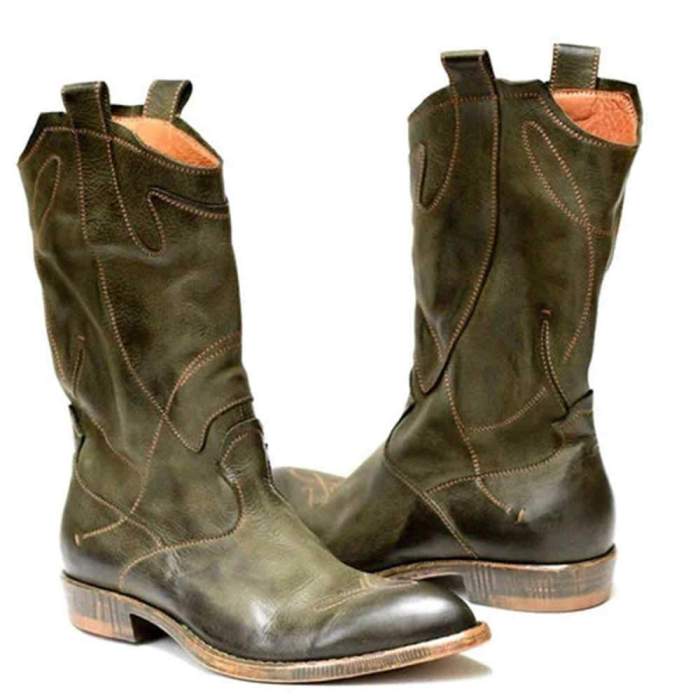 Womn Mid Calf Pointed Toe Chunky Heel Boots