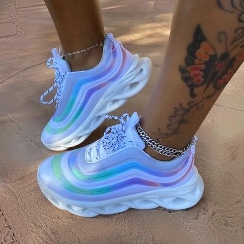 Women Fashion Rainbow Hit Color Stripe Lace Up Platform Sneakers
