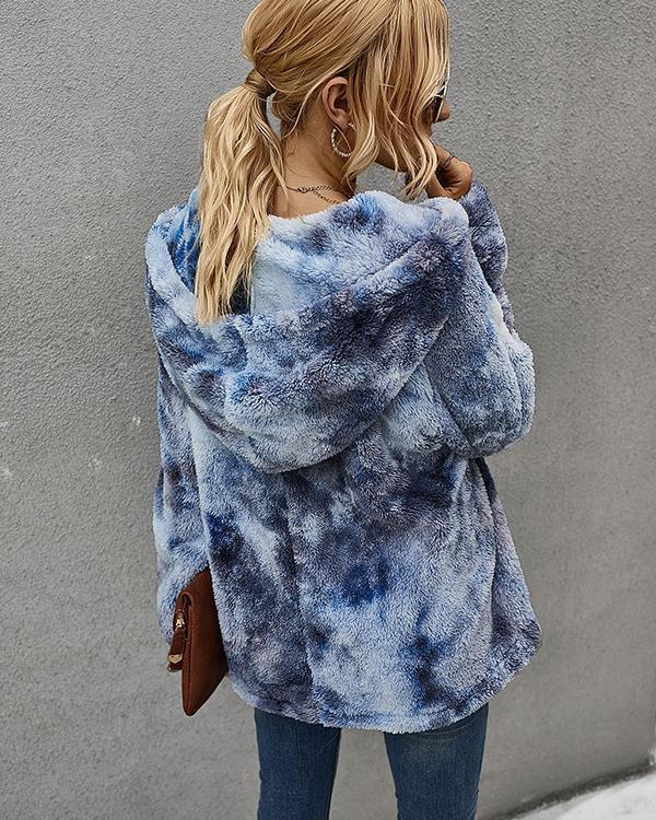 Plush Tie-dyed Print Long Sleeve Casual Hoodie For Women