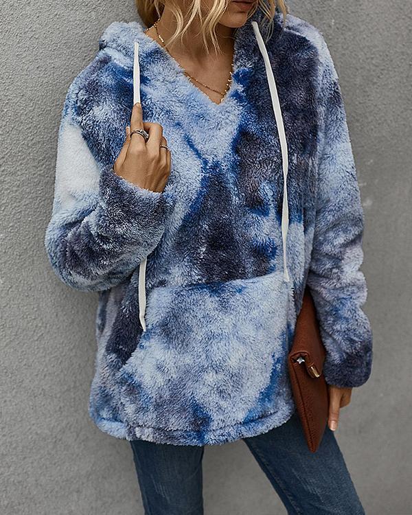 Plush Tie-dyed Print Long Sleeve Casual Hoodie For Women
