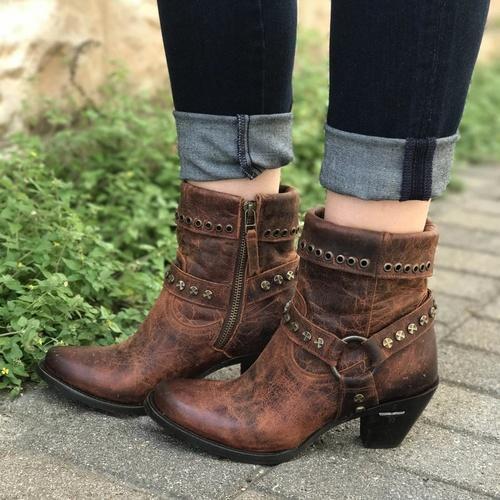 Brown Spring/Fall Chunky Heel Boots