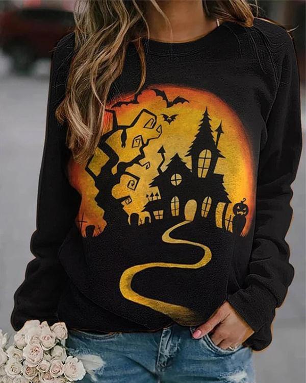 Women Print Casual Long Sleeve Loose Halloween Sweatshirt