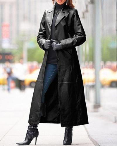 Womens Winter PU Leather Slim Fit Overcoat
