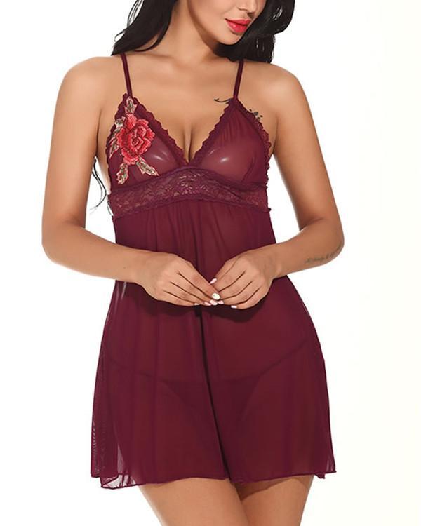 Floral Applique Lace And Mesh Babydoll