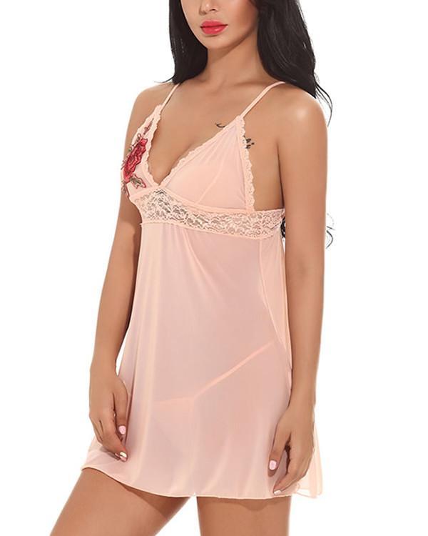 Floral Applique Lace And Mesh Babydoll