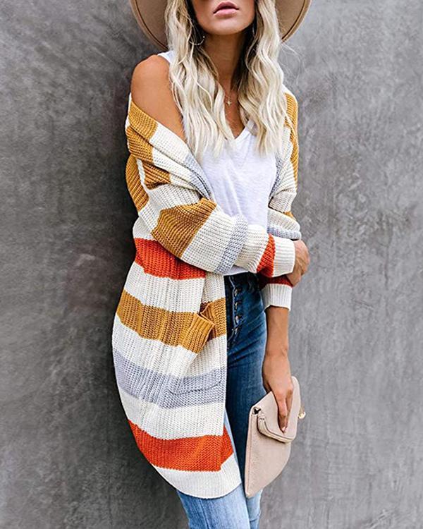 Fashion Stripe Knit Sweater Cardigan Long Coat