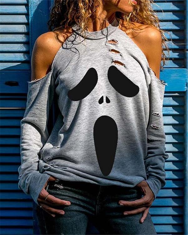 Multi Pattern Printed Long Sleeve Hollow out Shirts & Tops for Halloween