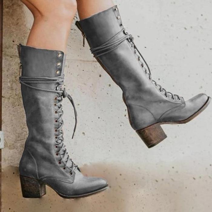Daily Leather Block Heel Boots
