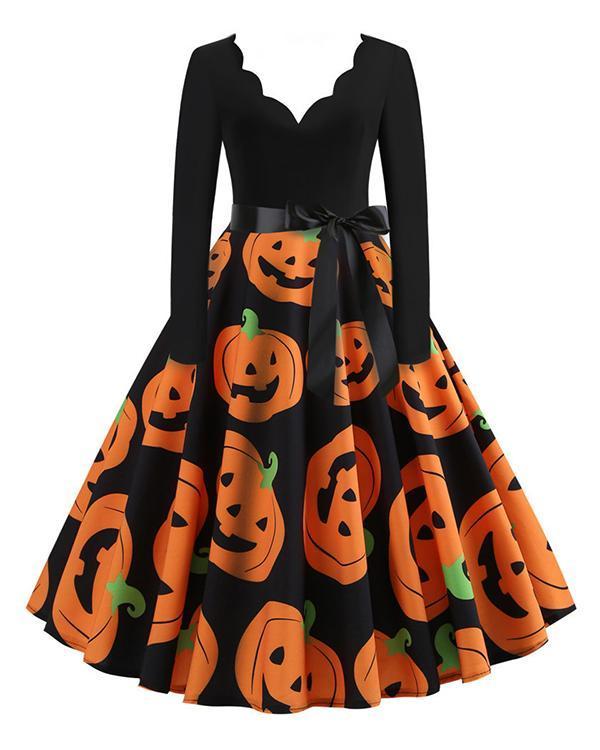 Halloween Pumpkin V Neck Print Dress With Waistband