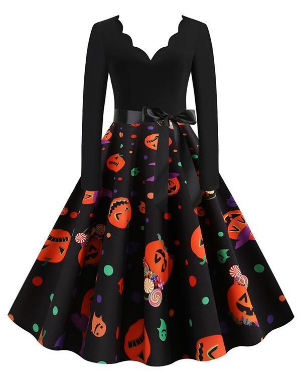 Halloween Pumpkin V Neck Print Dress With Waistband