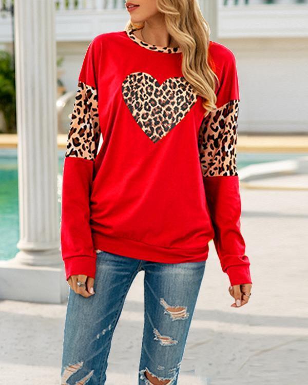 Leopard Heart Print Long Sleeve Sweatshirt